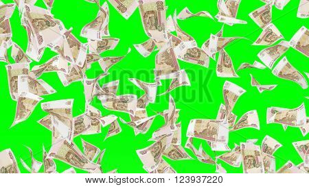 Falling banknotes of Russian rubel on chroma key background