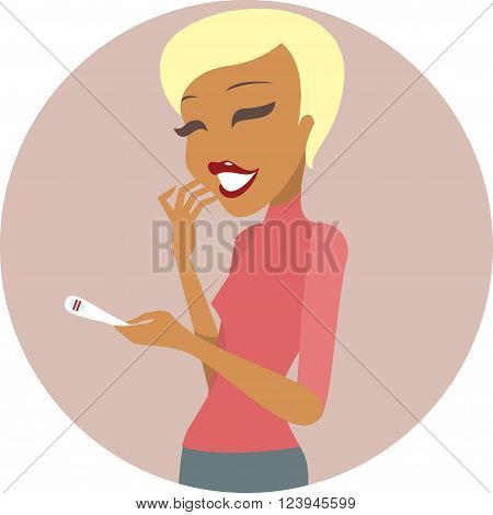 Happy surprised woman with positive pregnancy test result