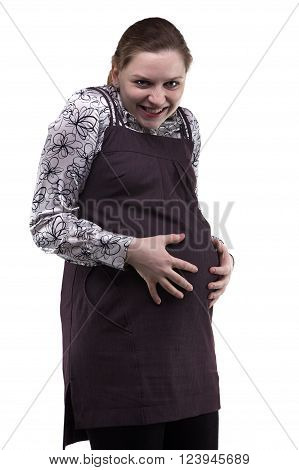 Greedy pregnant woman, joke on white background