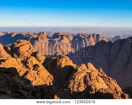 Spectacular aerial view of the holy summit of Mount Sinai, Aka Jebel Musa, 2285 meters, at sunrise, Sinai Peninsula in Egypt.