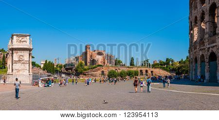 ROME ITALY - JUNE 6: Panorama square of the Colosseum overlooking the arch of Constantine and temple of Venus on 6 june 2012