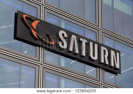 Berlin, Germany - march 30, 2016: Saturn store logo. Saturn is a German chain of electronics stores, now found in several European countries.
