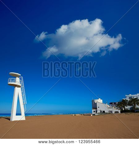 Denia beach Las Marinas baywatch tower in El Moli Alicante of Spain