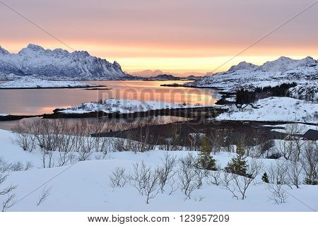 Vatterfjorden Sunrise a fjord of Austnesfjorden Lofoten Norway
