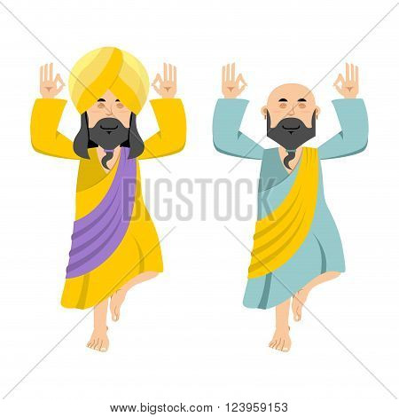 Indian Yogi Meditates. Two People Practicing Yoga. Meditation On One Leg. Man In Nirvana