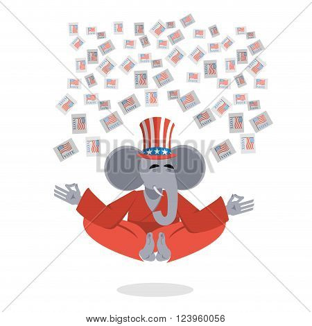 Republican Elephant Hat Uncle Sam Meditating Votes In Elections. Cheerful Polytypical Illustration.