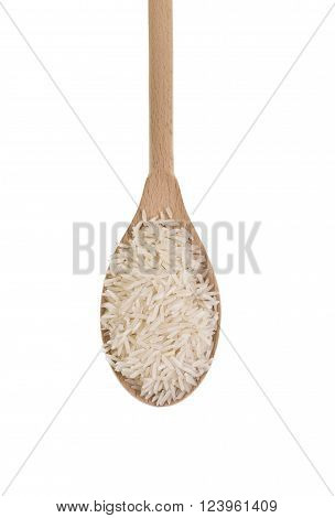 Heap of basmati rice a variety of long slender grain aromatic rice in a wooden spoon