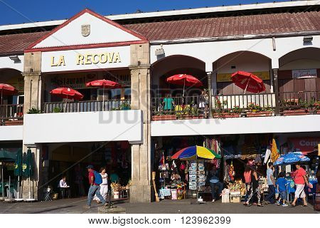 LA SERENA, CHILE - FEBRUARY 27, 2015: Unidentified people walking around La Recova municipal market in the city center on February 27, 2015 in La Serena, Chile. La Recova houses mainly artisan shops and restaurants.