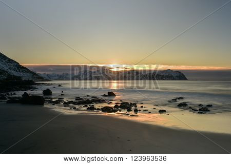 Vikten Beach in the Lofoten Islands Norway in the winter at sunset.
** Note: Visible grain at 100%, best at smaller sizes