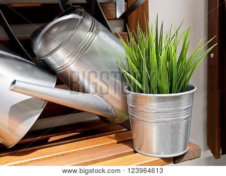Metal Watering Can or Watering Pot with Green Plants Watering Can Used to Water Plants by Hand.