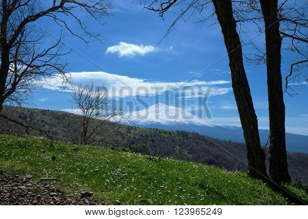 view of snowy volcano Etna from Nebrodi Park, Sicily