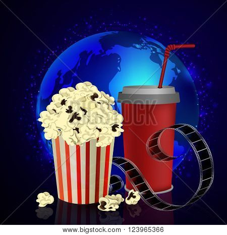 Popcorn and movie film  on dark space background