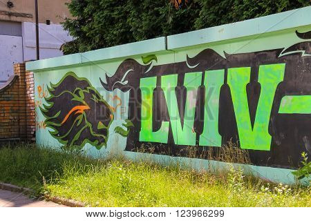Lviv Ukraine - July 5 2014: Street art panel by graffiti artists from Poland on tram stop Rusalka Dnestrova in city centre.