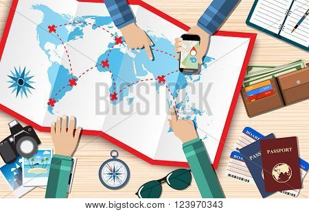 couple of mans  planning trip.  vector illustration in flat design