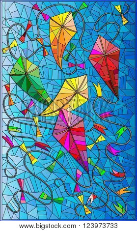 Colorful kites in the sky in the stained glass style