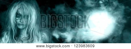 Illustration background with abstract night sky and mysterious woman with tattooed face