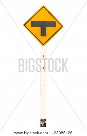 T-junction traffic signage warning isolated on white background with clipping path