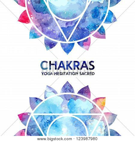 Vector background. Watercolor vishuddha chakra on white background, colorful elements, bright texture. Perfect for yoga, spa, meditation practice, ayurveda invitations, greetings