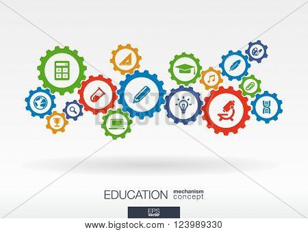 Education mechanism concept. Abstract background with connected gears and icons for elearning, knowledge, learn, analytics, network, social media and global concepts. Vector infographic illustration