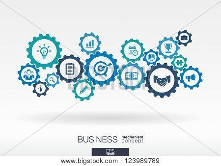 Business mechanism concept. Abstract background with connected gears and icons for strategy, service, analytics, research, seo, digital marketing, communicate concepts. Vector infographic illustration