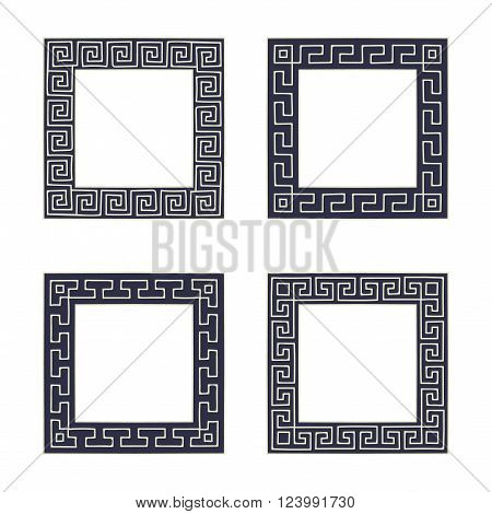 Vector set of four square meander frames. Greek hand drawn border for banner, card, invitation, postcard, label, poster, emblem and other design elements. Vector isolated illustration.
