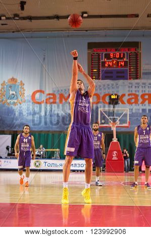 SAMARA RUSSIA - NOVEMBER 06, 2013: BC Royal Hali Gaziantep forward Oliver Stevic (9) shoots a free throw during the BC Krasnye Krylia game on November 06 2013 in Samara Russia.