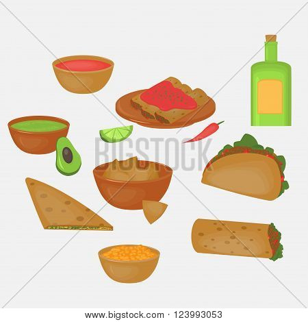 Mexican traditional food set, traditional cusine of Mexico, latino fast food menu takos, burrito, restaurant meal