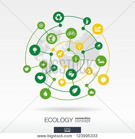 Ecology connection concept. Abstract background with integrated circles and icons for eco friendly, energy, environment, green, recycle, bio and global concepts. Vector infographic illustration