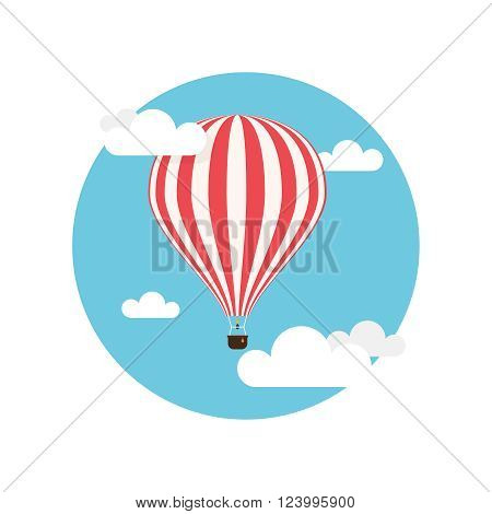 Hot air balloon red and white stripes colored flying in the clouds flat background