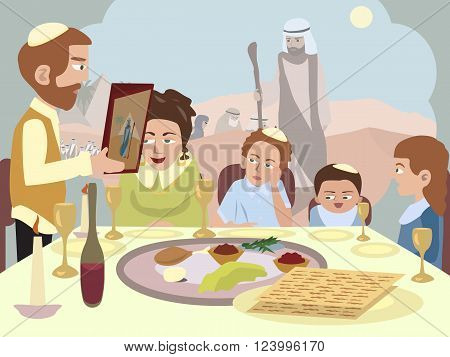 Reading the Haggadah at the Seder table - cartoon vector illustration