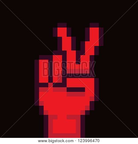 Pixel art red hand raised up and showing victory gesture