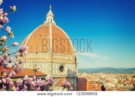 Dome of cathedral church Santa Maria del Fiore close up at spring day, Florence, Italy, retro toned