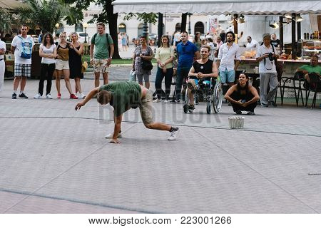 Budapest, Hungary - August 14, 2017: Street performers in Vorosmarty ter square in historical centre of Budapest