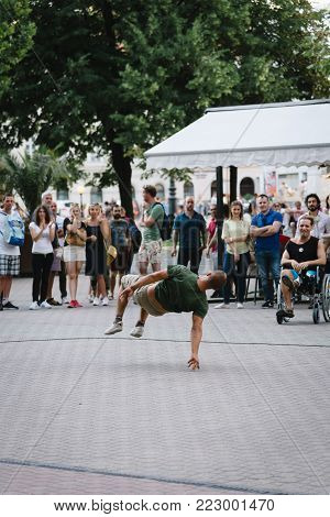 Budapest, Hungary - August 14, 2017: Street performers in Vorosmarty ter square in historical centre of Budapest