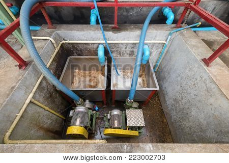Chiang Rai, Thailand - January 8, 2018: Doi Chaang processing Coffee. From the coffee fermentation tanks, the beans are moved to drying patios.