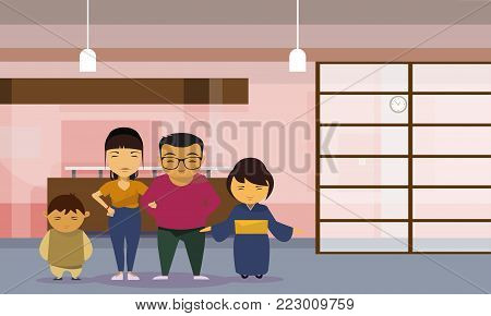 Asian Family Parents With Two Kids At Home Flat Vector Illustration