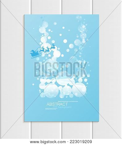 Stock vector brochure A5 or A4 format design Christmas template, abstract circles, winter landscape New Year 2018 Santa Claus in sleigh with deer glow full moon night background for printed material