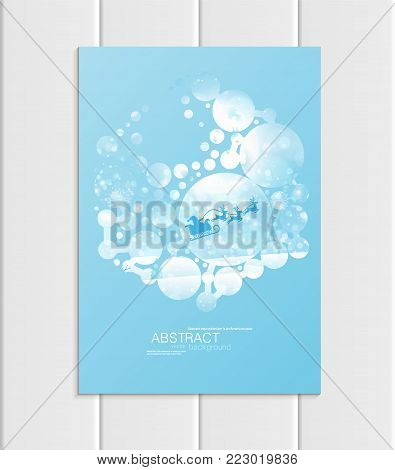 Stock vector brochure A5 or A4 format design Christmas template, abstract circles, winter landscape New Year 2018 Santa Claus in sleigh with deer glow full moon night background for printed material