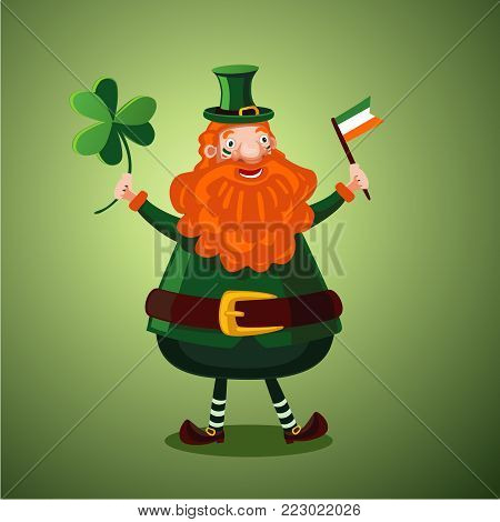 Illustration for Saint Patrick day. Funny cartoon leprechaun with clover and Irish flag.