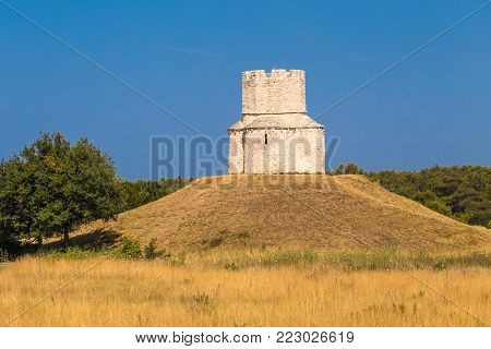Landscape with old historic Church of St. Nicholas from 12th century, Nin, Croatia, Europe.