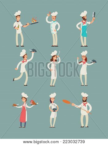 Smiling restaurant chefs, professional cooks in kitchen uniform vector cartoon characters set. Character chef professional in uniform illustration