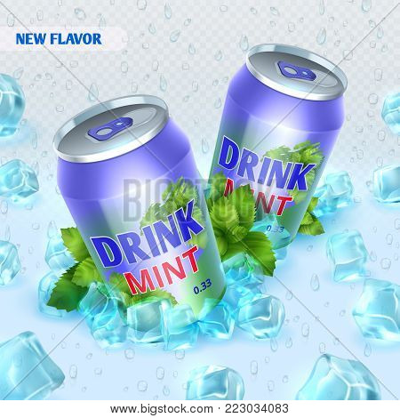 Fresh ice drink vector background with ice cubes. Drink mint in ice crystal cube illustration