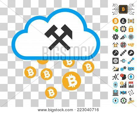 Bitcoin Cloud Hammers pictograph with bonus bitcoin mining and blockchain graphic icons. Vector illustration style is flat iconic symbols. Designed for cryptocurrency ui toolbars.