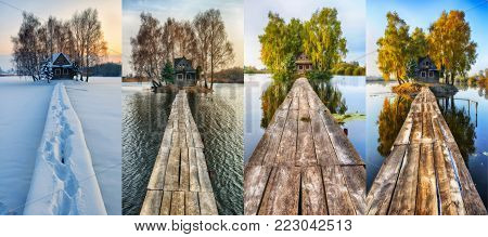 house on a small island. four seasons. a picturesque hut in all seasons