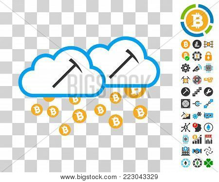 Bitcoin Mining Clouds icon with bonus bitcoin mining and blockchain clip art. Vector illustration style is flat iconic symbols. Designed for crypto-currency apps.