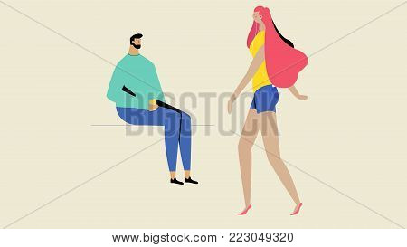 a modern girl walks, a guy sitting on a bench looks at her creative vector illustration isolated