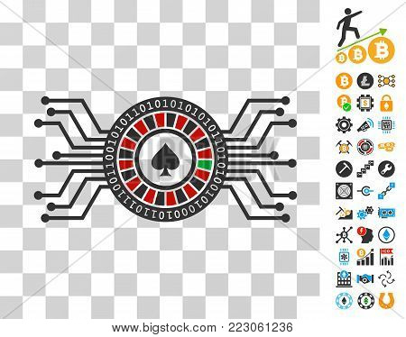 Digital Casino Roulette icon with bonus bitcoin mining and blockchain images. Vector illustration style is flat iconic symbols. Designed for cryptocurrency websites.