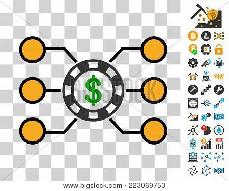 Casino Chip Circuit icon with bonus bitcoin mining and blockchain pictures. Vector illustration style is flat iconic symbols. Designed for bitcoin ui toolbars.