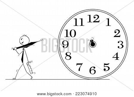 Cartoon stick man drawing conceptual illustration of businessman who removed clock hands to stop time. Business concept of deadline and stress.