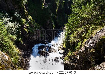 Alpine Waterfall Riesachwasserfall From Lake Riesachsee Near Schladming In Austria